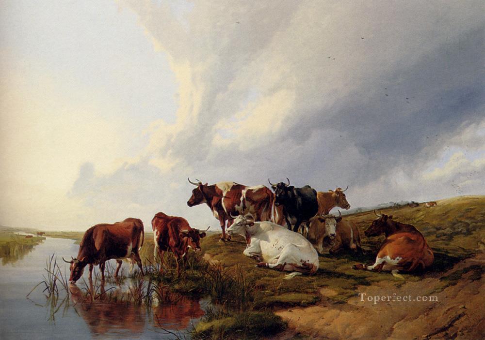 Evening In The Meadows farm animals cattle Thomas Sidney Cooper Oil Paintings